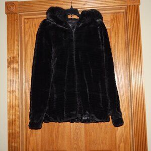 Women's Size Large L GALLERY Black Plush Soft Faux Fur Trim Hooded Coat Jacket